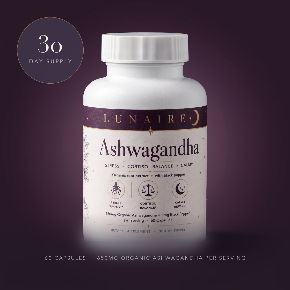 A 30 day supply. 60 capsules, 650mg organic ashwagandha per serving
