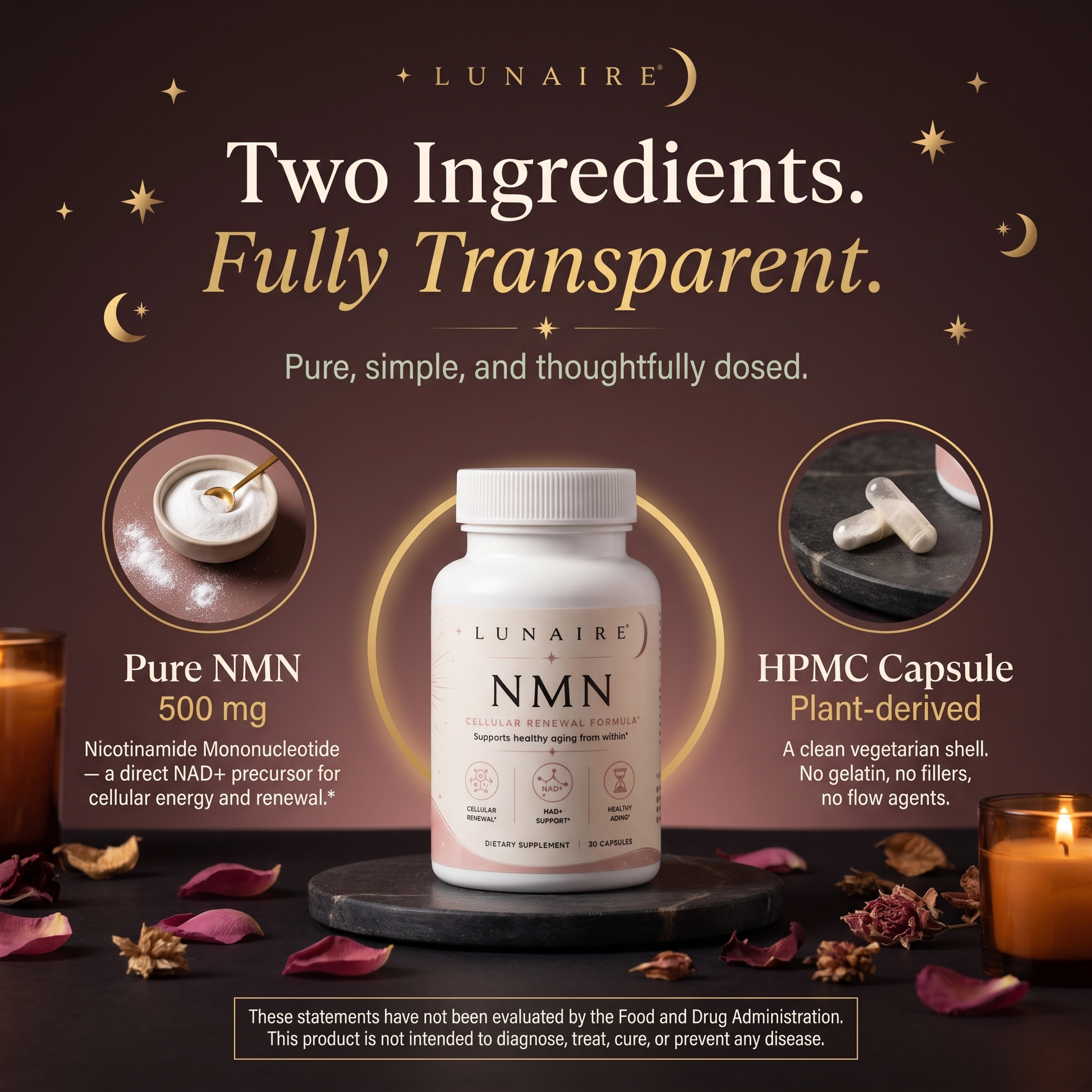 Lunaire NMN — Two ingredients, fully transparent: 500mg pure NMN and a plant-derived HPMC capsule