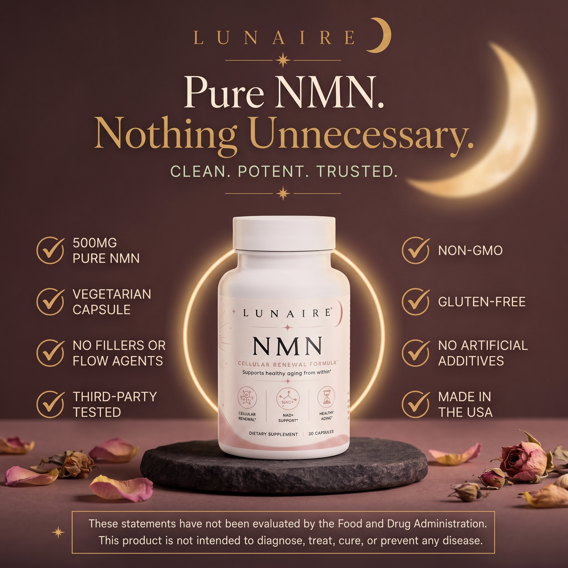 Lunaire NMN — Pure NMN, nothing unnecessary: vegetarian capsule, no fillers, third-party tested, made in the USA
