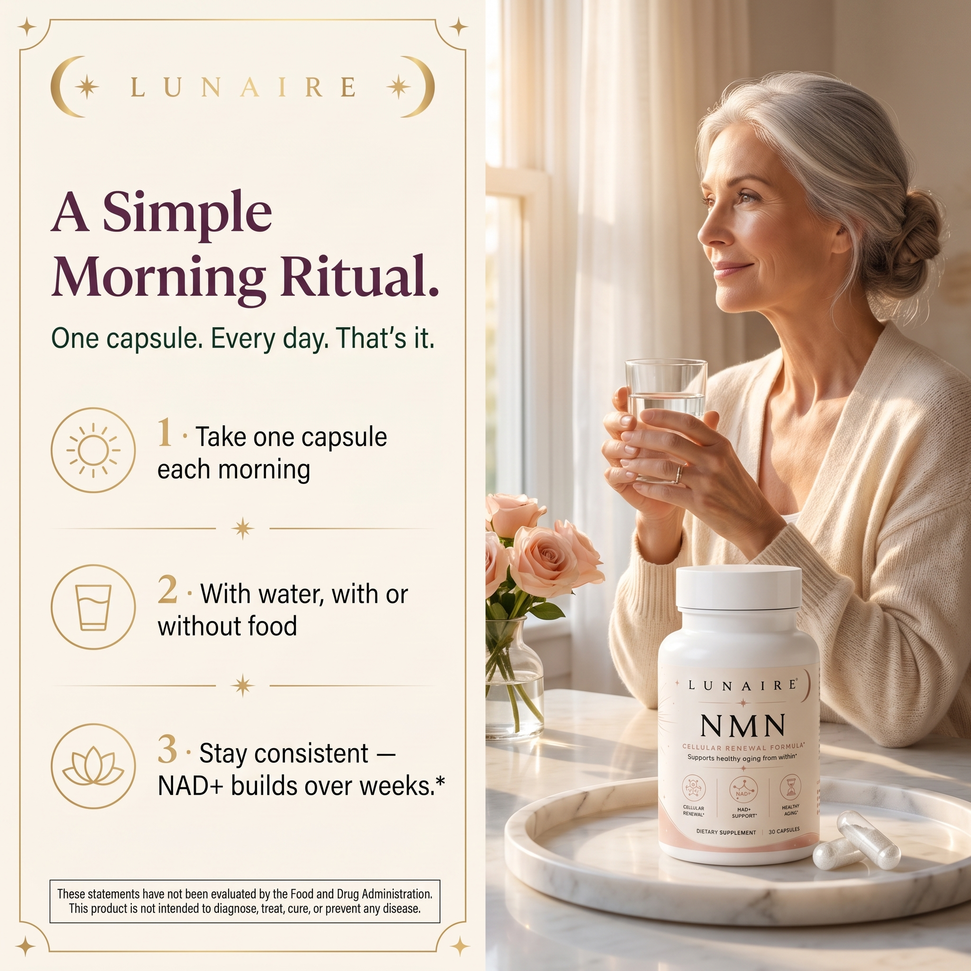Lunaire NMN — a simple morning ritual: one capsule daily with water
