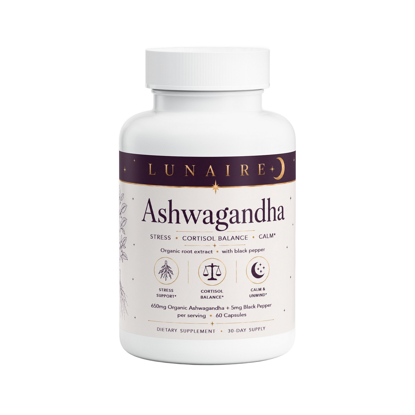 Lunaire Ashwagandha bottle, front view