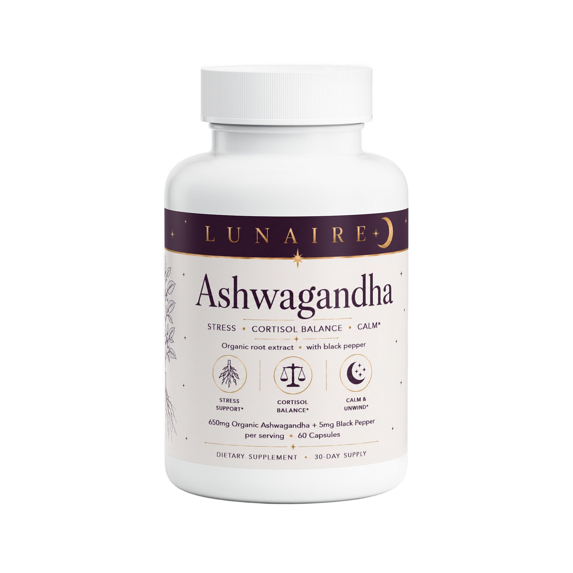 Lunaire Ashwagandha bottle, front view