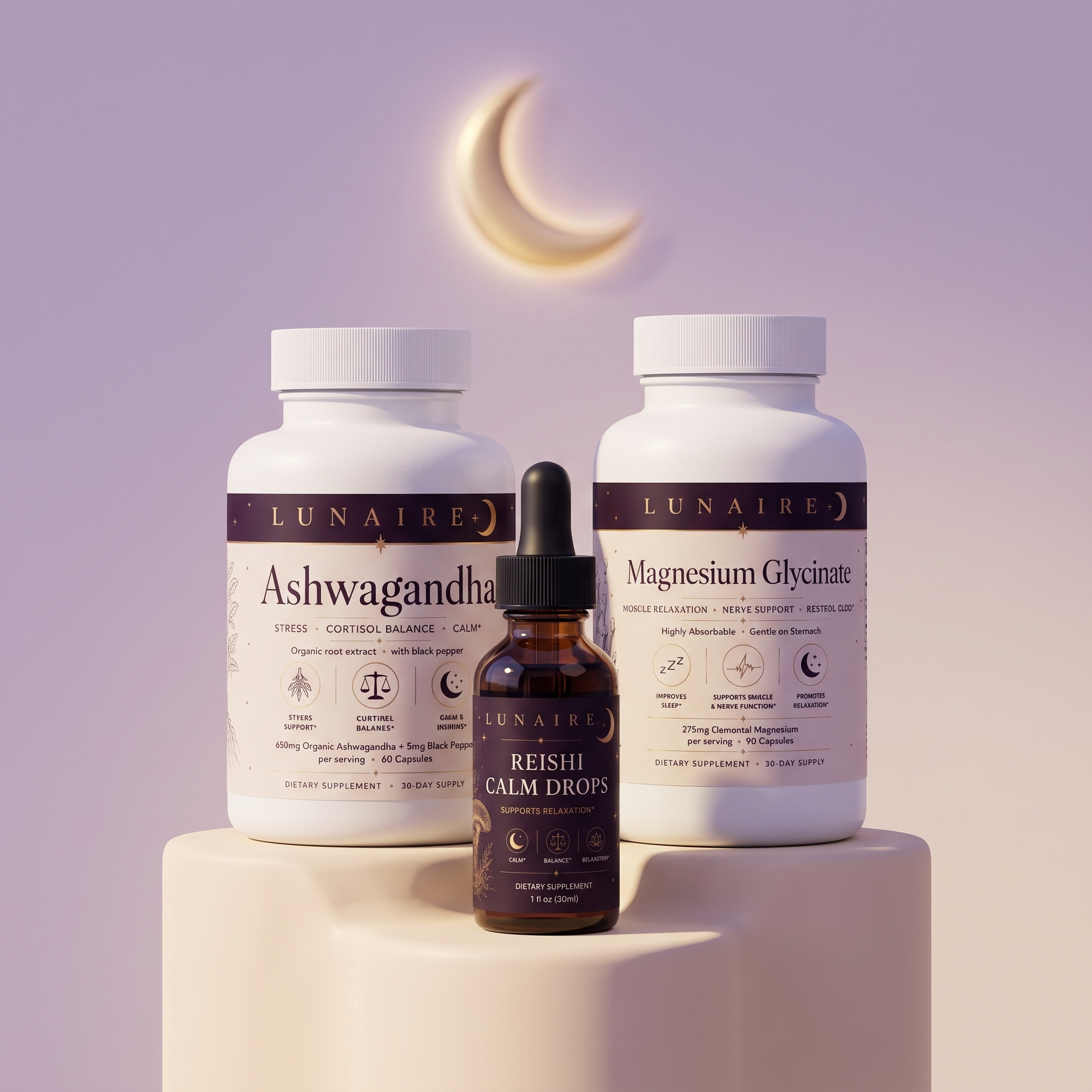 The Lunaire Calm Ritual — Ashwagandha, Reishi Calm Drops and Magnesium Glycinate under a golden crescent moon