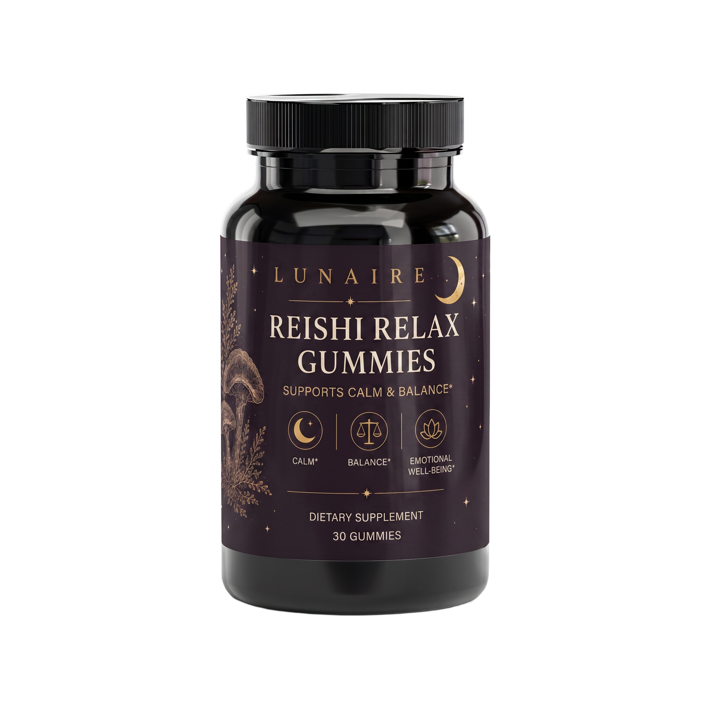 Lunaire Reishi Relax Gummies bottle, front view