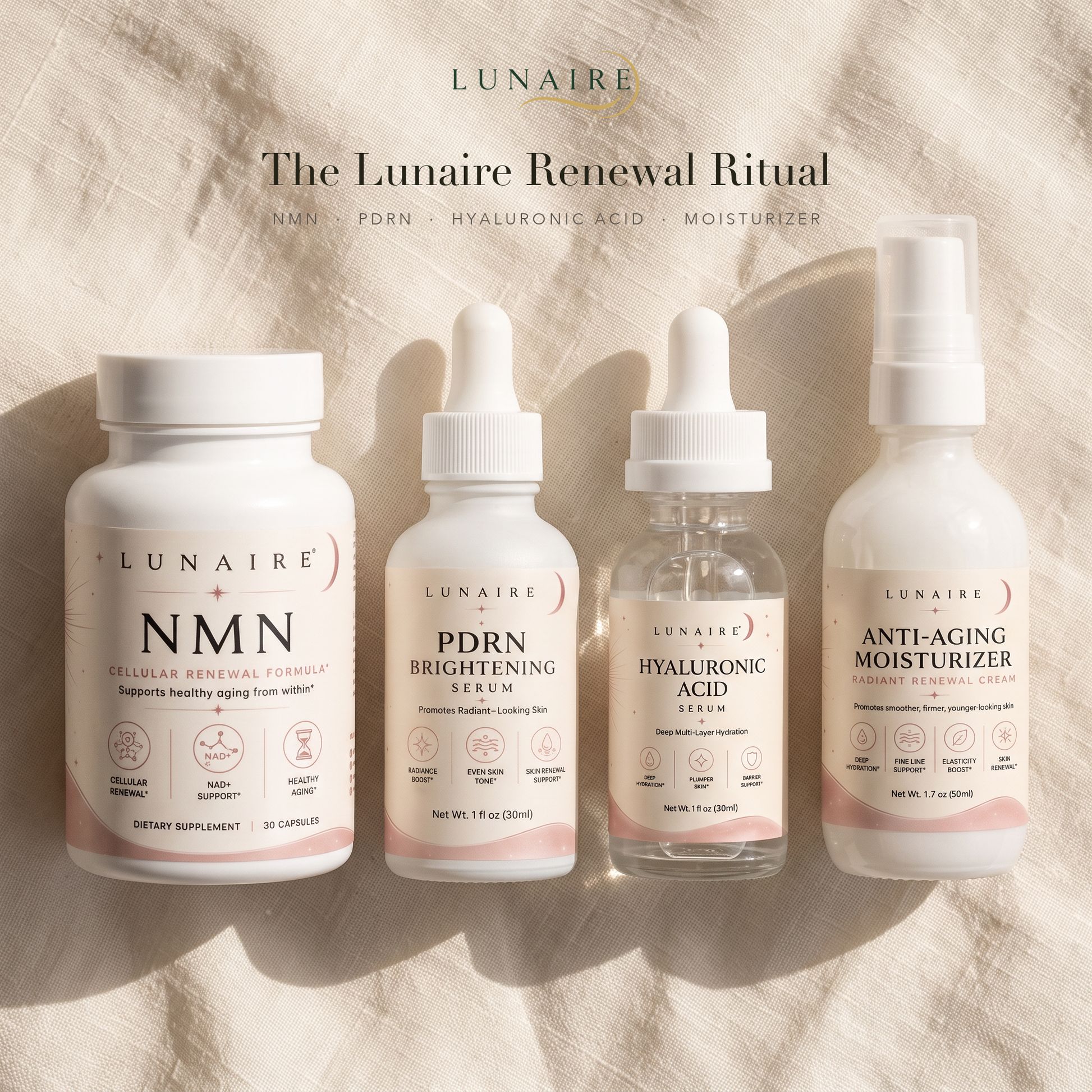 The Lunaire Renewal Ritual, four formulas on cream linen