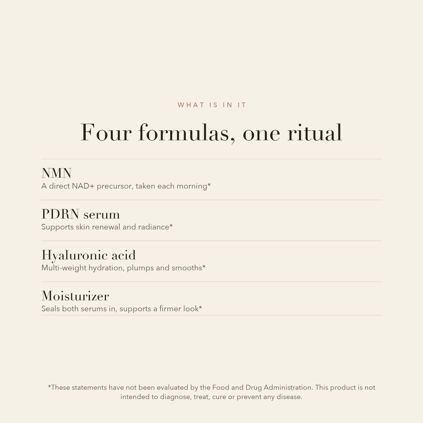 Four formulas, one ritual: NMN, PDRN serum, hyaluronic acid and moisturizer