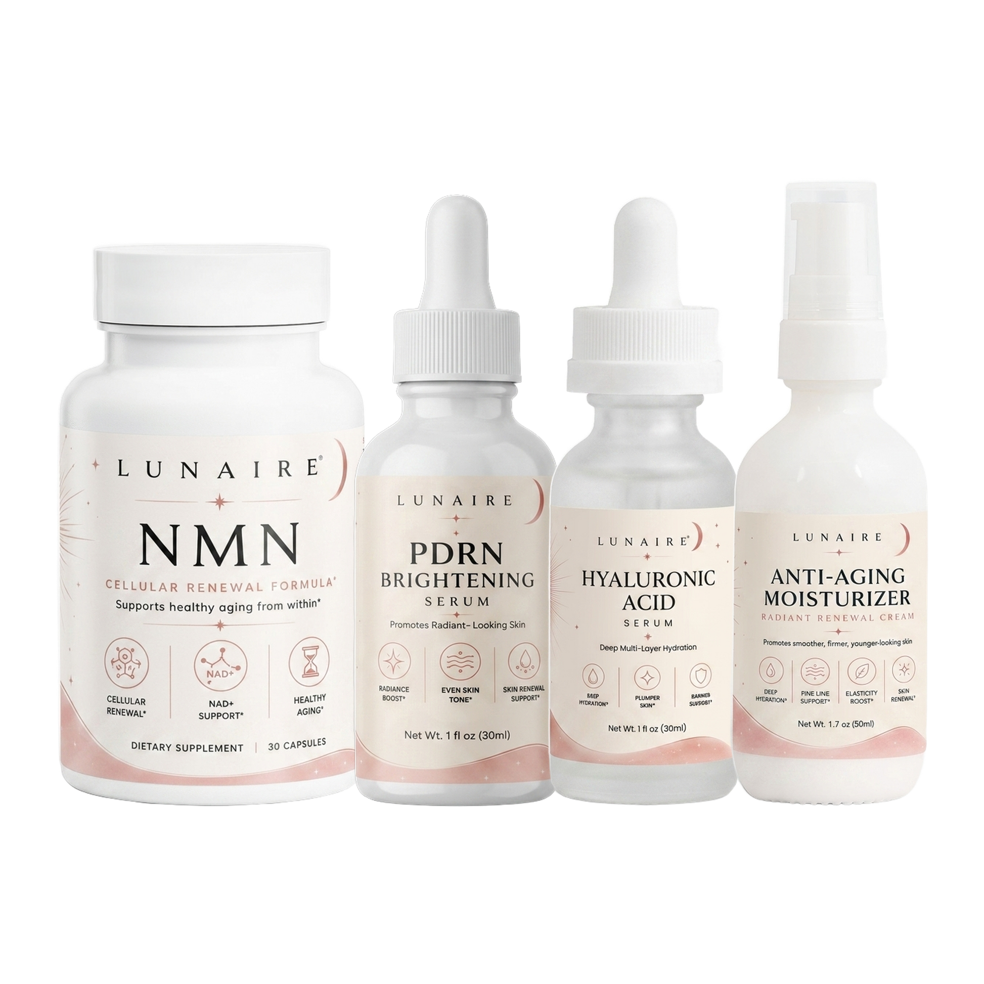The Lunaire Renewal Ritual, NMN, PDRN Brightening Serum, Hyaluronic Acid Serum and Anti-Aging Moisturizer