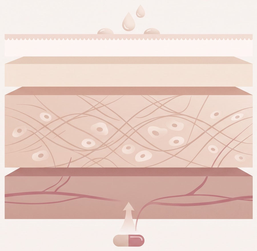 Cross-section of skin: the surface, the barrier, the living layer beneath them, and the blood supply below that.