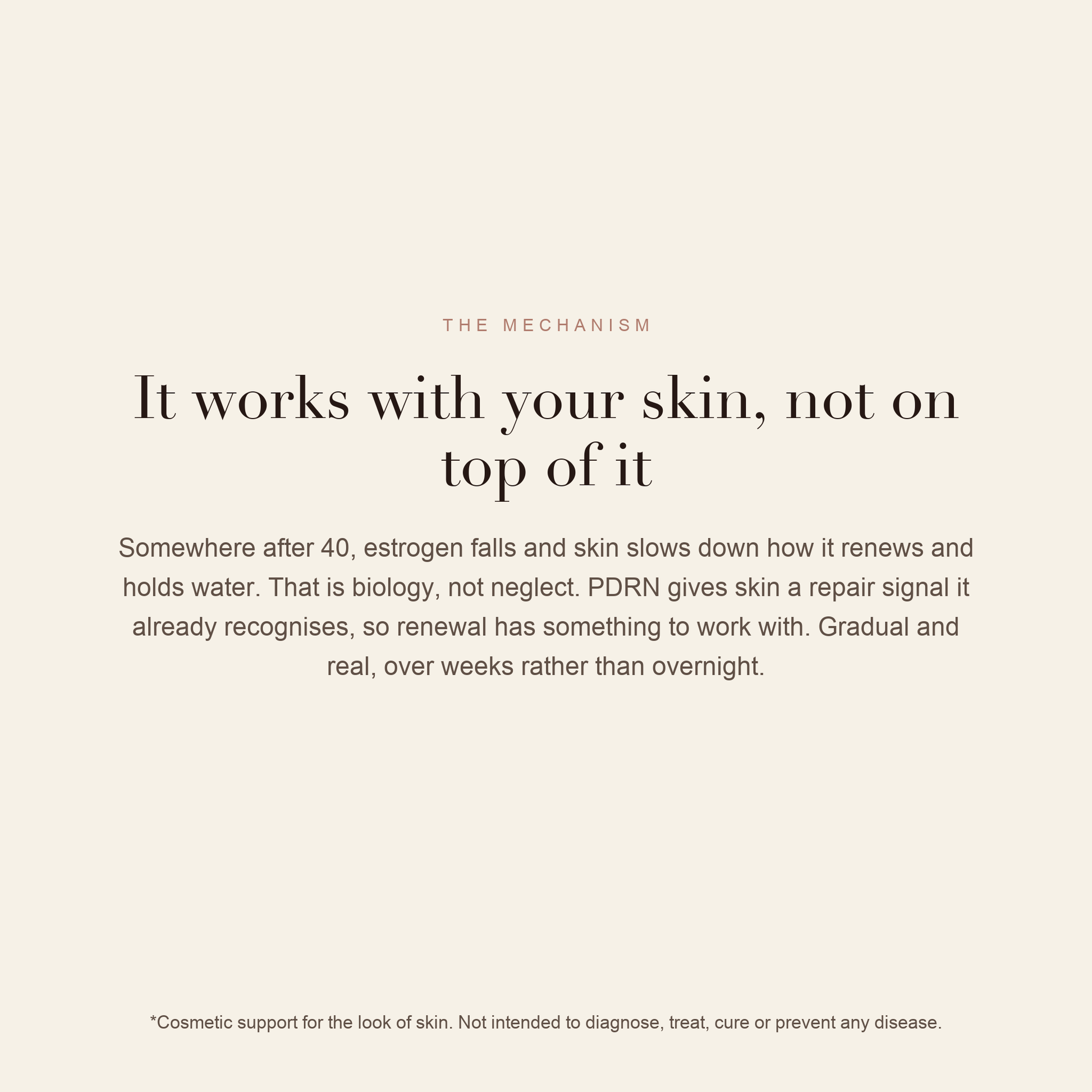 How it works: after 40 estrogen falls and skin slows how it renews and holds water. PDRN gives skin a repair signal it recognises.