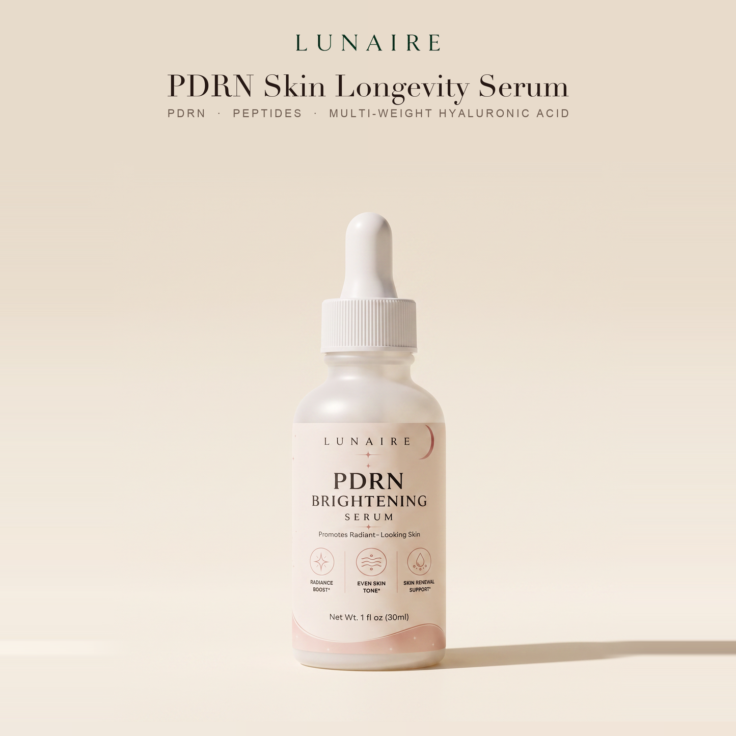 Lunaire PDRN Skin Longevity Serum, a one ounce frosted glass dropper bottle on warm cream. PDRN, peptides and multi-weight hyaluronic acid.
