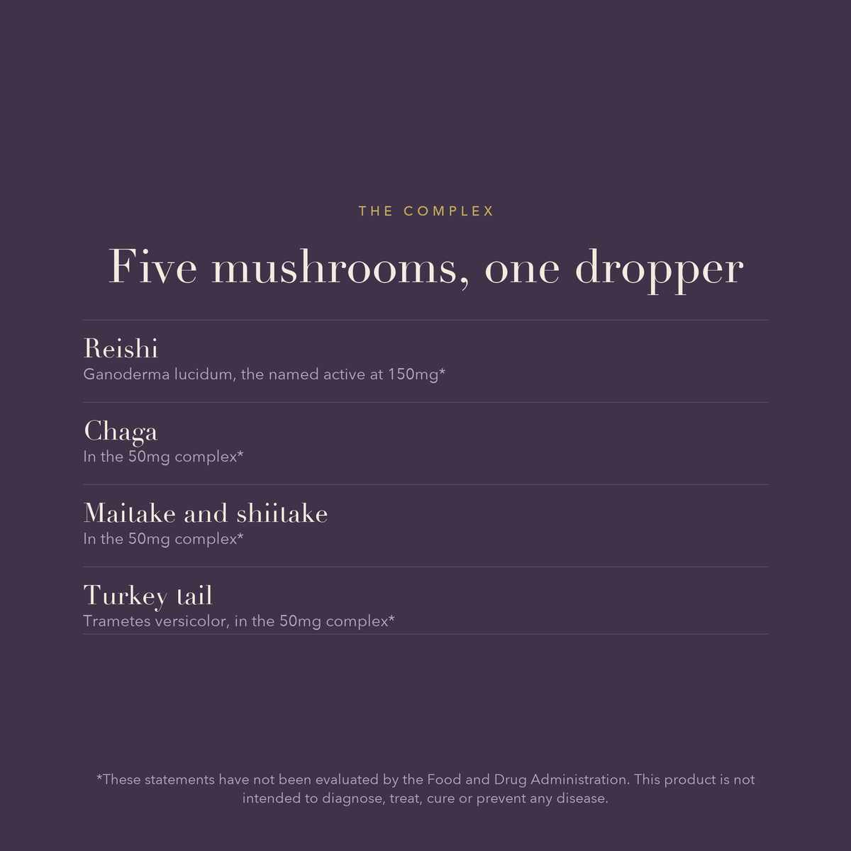 Five mushrooms, one dropper. Reishi, Ganoderma lucidum, the named active at 150mg*. Chaga, In the 50mg complex*. Maitake and shiitake, In the 50mg complex*. Turkey tail, Trametes versicolor, in the 50mg complex*