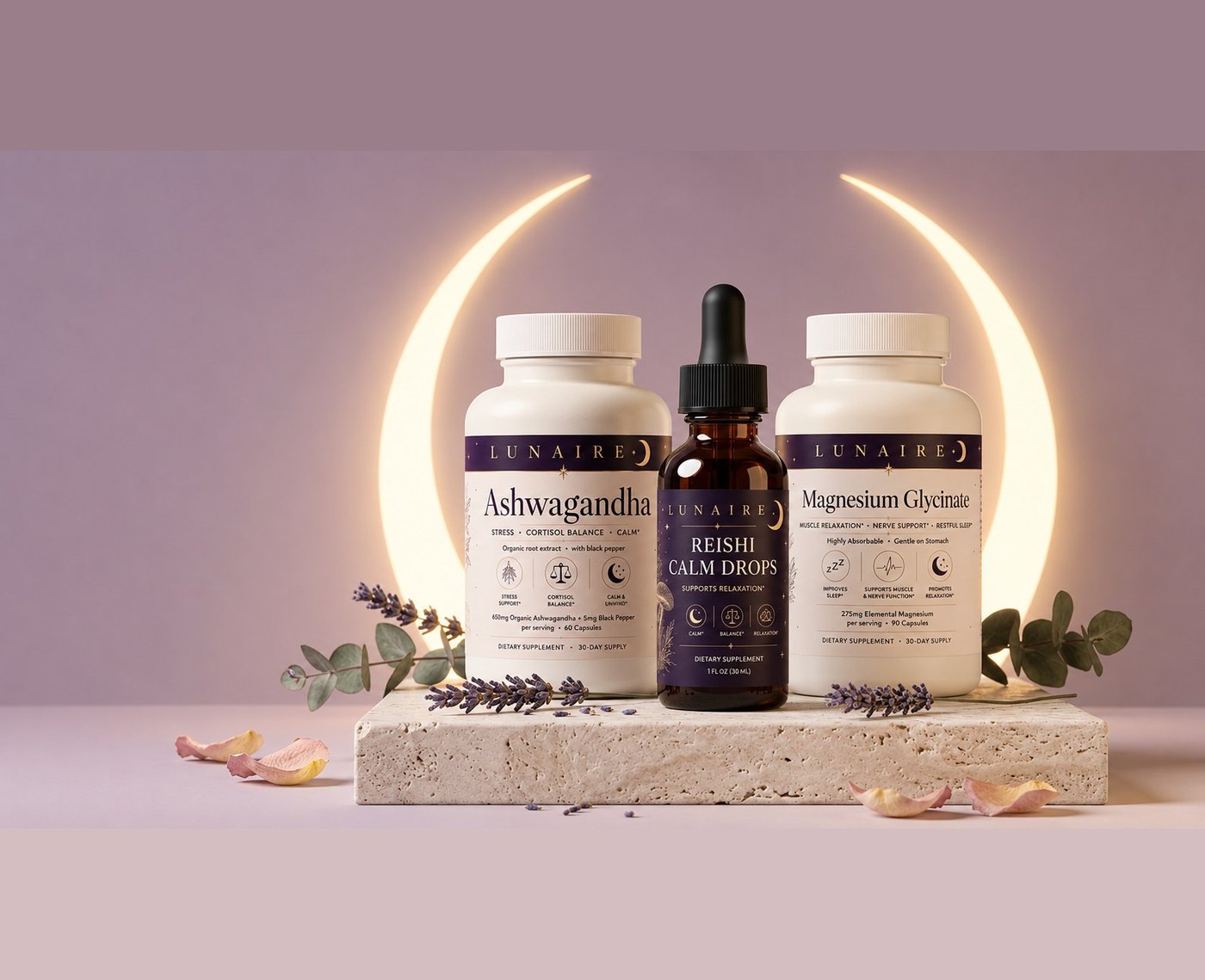 The Lunaire Calm Ritual, Ashwagandha, Reishi Calm Drops and Magnesium Glycinate